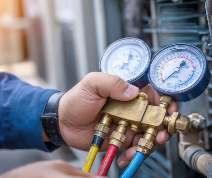 A close-up shot of a technician's hands using a set of gauges to check the pressure on an outdoor air conditioning unit. The image highlights themes of professional HVAC service, maintenance, and repair, suitable for home improvement, technical