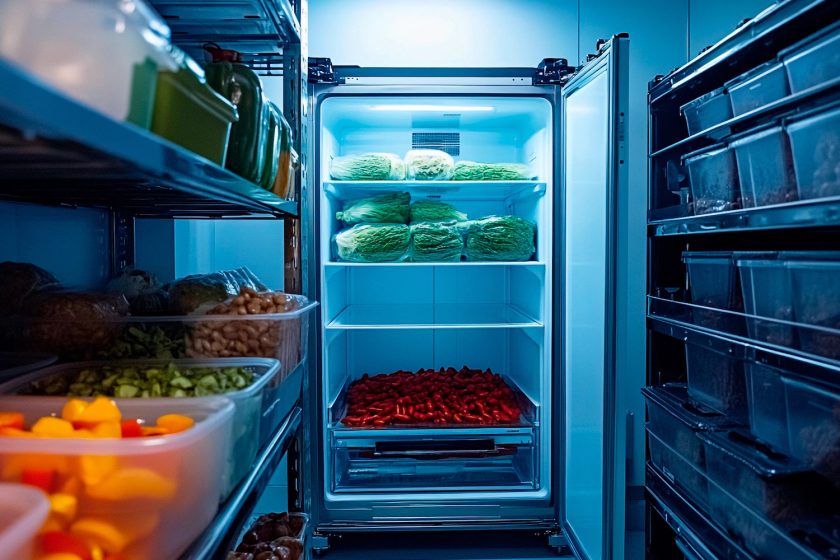 Located in a modern kitchen, a refrigerator displays a colorful assortment of fresh vegetables and fruits. Bright lights illuminate neatly organized produce, emphasizing freshness and quality.