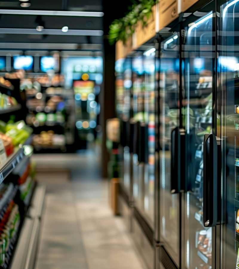 Grocery store interior featuring vibrant produce and refrigerated sections in a modern setting